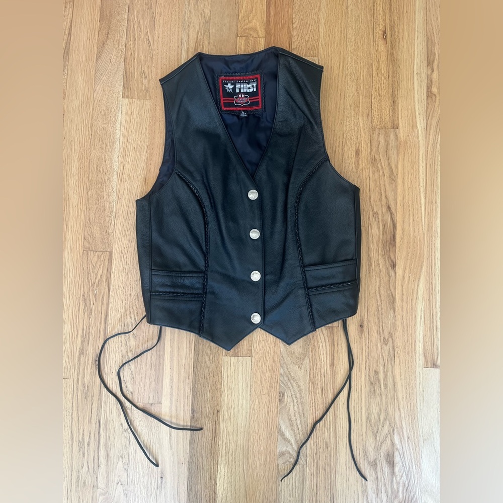 First Classics Black Leather Moto Vest with Buffalo Nickel Snap Buttons Lace Up